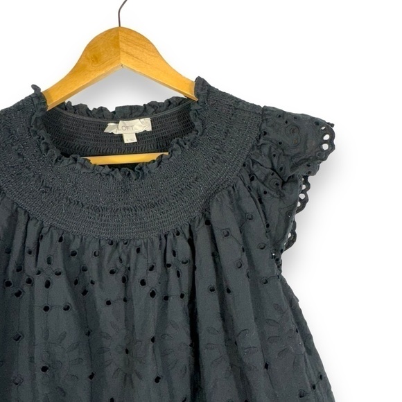 4 for $40 SALE! LOFT Eyelet Smocked Neck Flutter Sleeve Top, Black, Size M - Picture 4 of 11